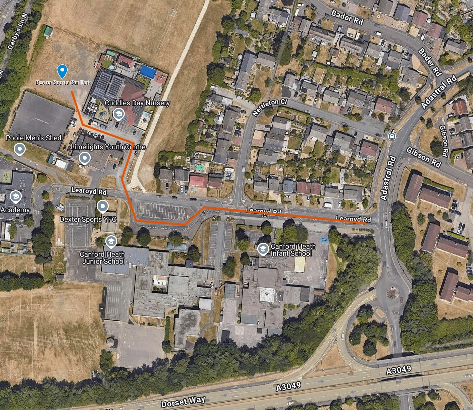 Map of how to get to the Dexter Sports car park in Learoyd Road.